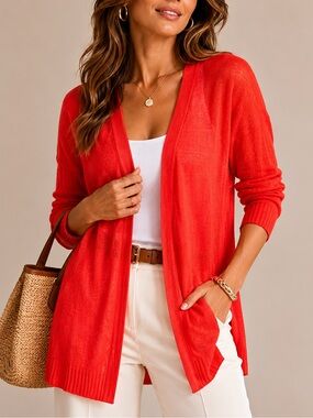 Lafayette 148 New York Vibrant Linen Cardigan Size S Orange Red Quiet Luxury
